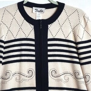 Vtg Toula Wool Blend Knit Cardigan Cream Black Beaded Old Money Deadstock